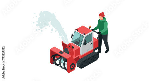 Isometric snow blower in action with operator in winter gear