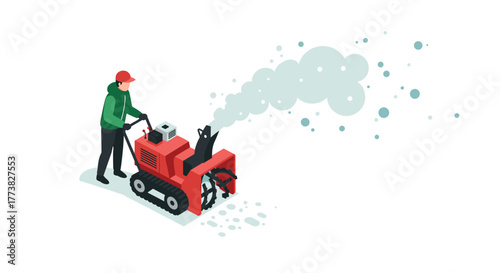 Man operating snow blower in wintery scene with isometric design