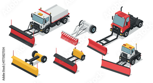 Snow plow equipment collection in isometric style for winter maintenance solutions