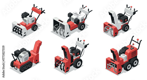 Various isometric snow blowers in red and white displayed from different angles