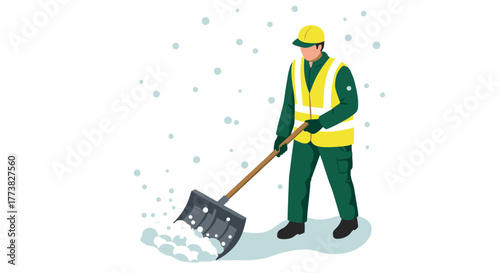 Worker clearing snow with shovel in safety vest and hard hat in winter scene