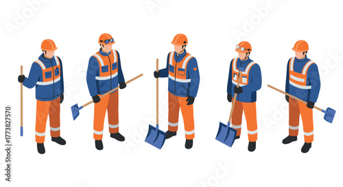 Construction workers in safety gear holding shovels isometric design