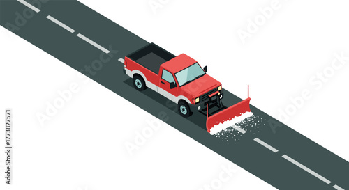 Isometric red snow plow truck clearing road in winter weather scene