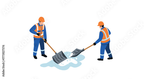 Workers cleaning snow in winter scene with shovels and safety gear