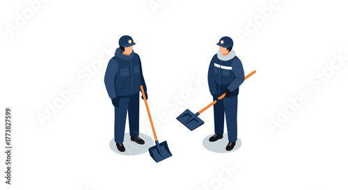 Isometric workers with shovels winter uniforms and outdoor equipment