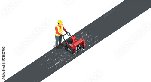 Isometric construction worker operating road surface grinder on asphalt