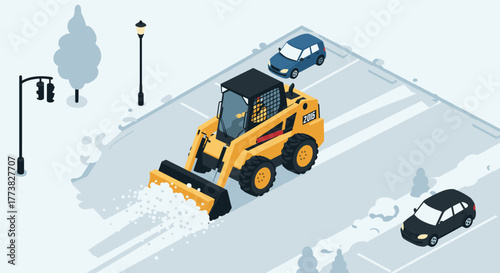 Isometric winter scene with snowplow clearing snow in parking lot