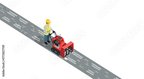 Isometric construction worker operating pavement milling machine on highway