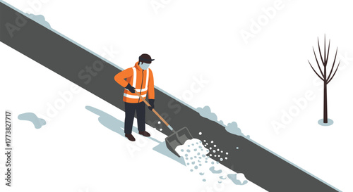 Worker clearing snow from sidewalk in isometric winter scene with shovel