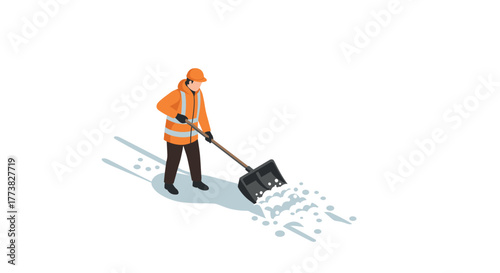 Worker in safety gear shoveling snow in winter isometric scene