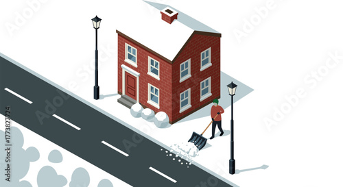 Isometric winter scene of man shoveling snow by brick house on suburban street