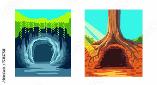 Cave and Tree Hollow A Set of Illustrations for Nature, Adventure, and Environmental Design