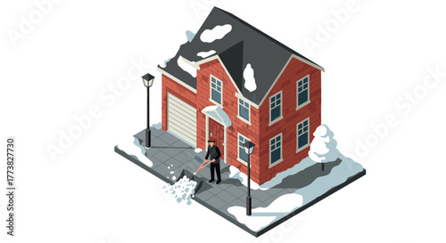 Snowy day isometric urban house with man shoveling pavement