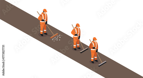 Isometric road maintenance workers in safety gear