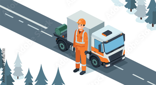 Isometric winter road maintenance worker in orange uniform with snowy background
