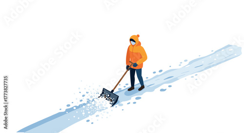 Isometric winter scene person shoveling snow in warm clothing on a cold day
