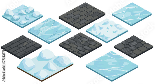 Isometric ice and stone textures winter terrain with snow and cobblestones