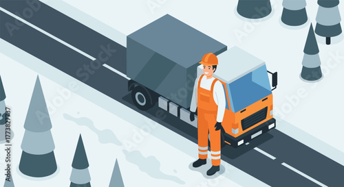 Isometric winter scene with truck and worker on snowy road in forest