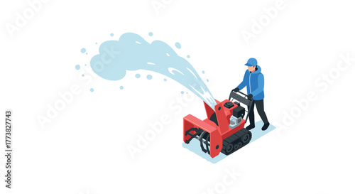 Isometric snow blower man operating red machine during winter weather
