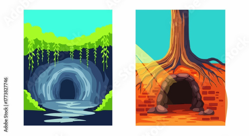Cave and Tunnel Icons Exploring Underground Passages, Pathways, and Geological Formations