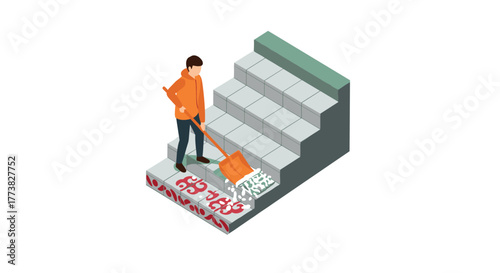 Isometric tile installation worker laying flooring in home renovation scene