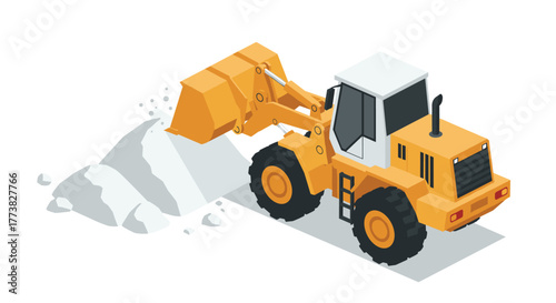 Isometric bulldozer loading rocks in construction site