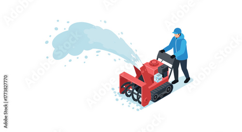 Isometric winter scene with person operating snow blower in action