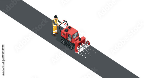 Worker operating street surface milling machine on road