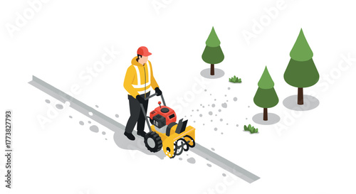 Worker in yellow jacket clearing snow with machine in isometric winter scene