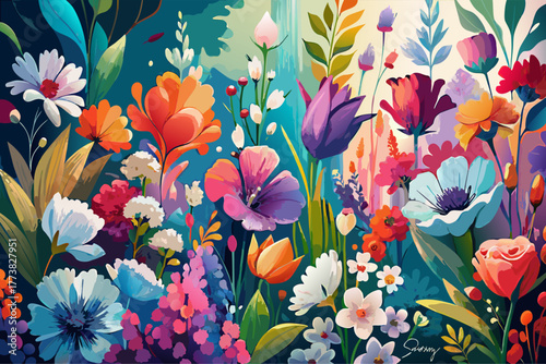 Vibrant Generative AI Oil Painting of Colorful Flowers and Leaves