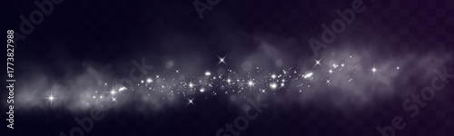 Purple and silver sparkling star trail with cosmic dust on transparent background, magical glittering stardust flow symbolizing cosmic energy, fantasy galaxy wave and luminous nebula design element.
