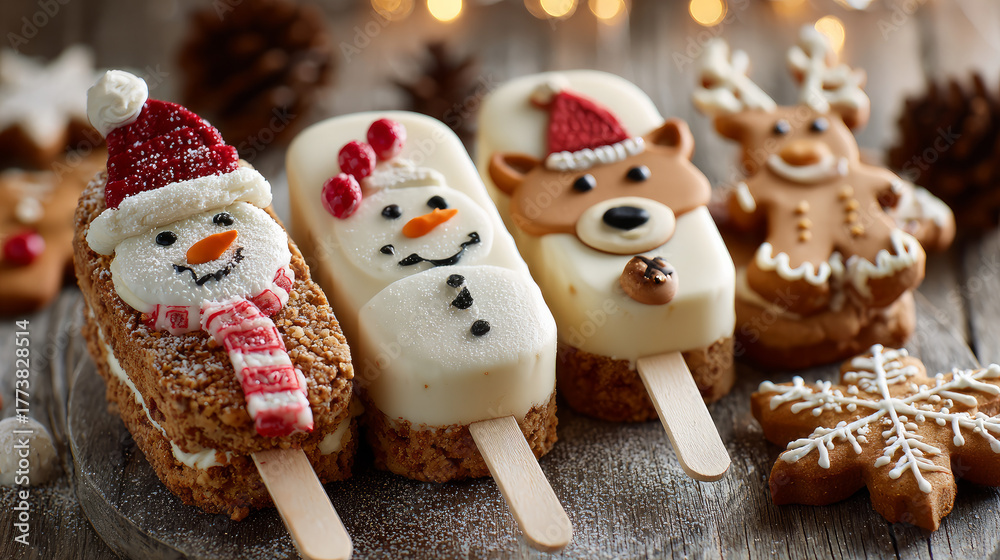 Obraz premium Christmas desserts. ice cream with cheesecake sticks. candy snowman,