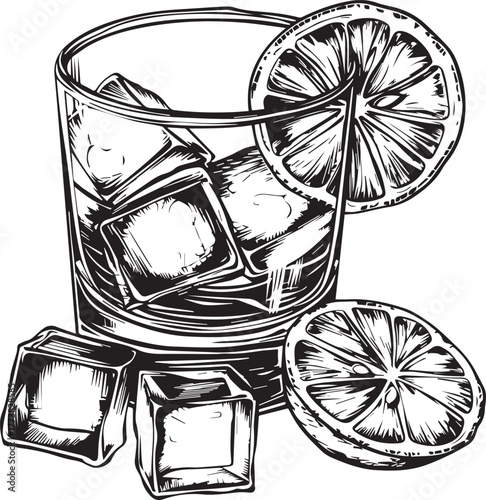 hand-drawn whiskey glass with ice cubes and a lemon slice, vector illustration in a vintage line art style on a white background