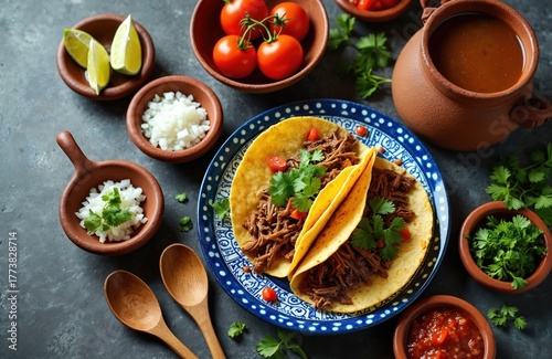 Wallpaper Mural Birria tacos with rich broth sit ready for eating. Shredded meat fills soft tortillas topped with cilantro garnish. Served with salsa, chopped onions, lime wedges, and tomatoes. Torontodigital.ca