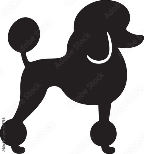 Simple black silhouette of a standard poodle standing in profile view