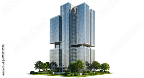 Modern glass skyscraper building with trees and green landscaping against a black background.