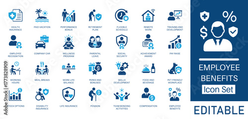 Employee Benefits and Human Resources solid icon set. Featuring Health Insurance, Remote Work, Work Life Balance, and Flexible Schedule. Flat vector design for company culture and employee onboarding.