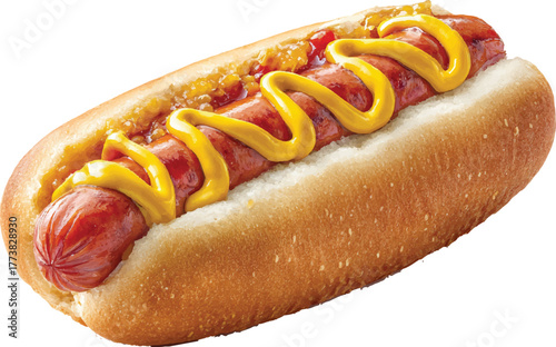 hot dog with mustard, isolated on a white background. with a clipping path. full depth of field. focus stacking. hyper-realistic, photorealistic image
