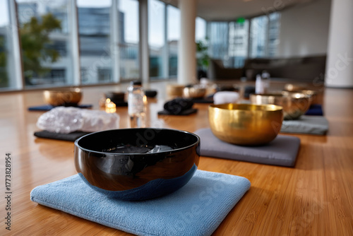 An serene setting filled with singing bowls and a warm ambiance invites participants to partake in a mindful relaxation session, fostering inner peace and wellness.