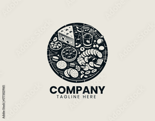Elegant Monochrome Charcuterie Board Design Presented on a Round Platter with Cheese Crackers and Fruits Vector Logo Illustration