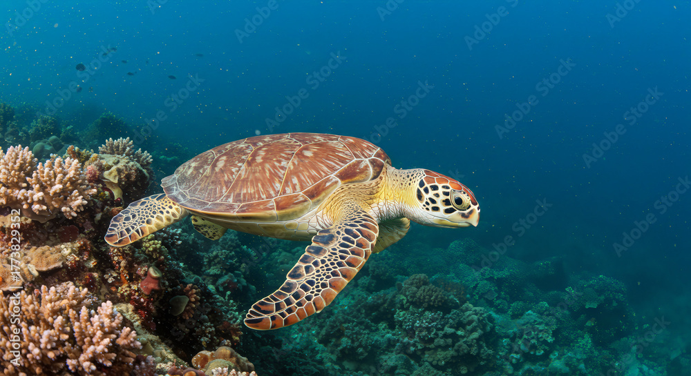 Fototapeta premium Sea turtle swimming gracefully near coral reef underwater environment