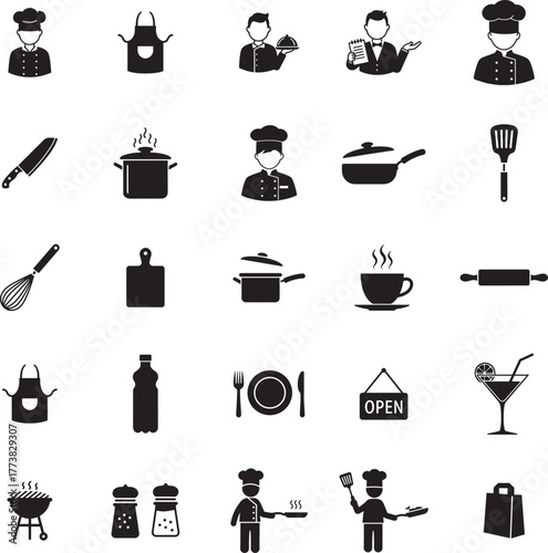 Chef and Cooking Silhouette icon collection. Includes Silhouette symbols chef, cooking, kitchen, restaurant, food, culinary and more. Isolated icons. Chef icon set. Minimalist icons pack.