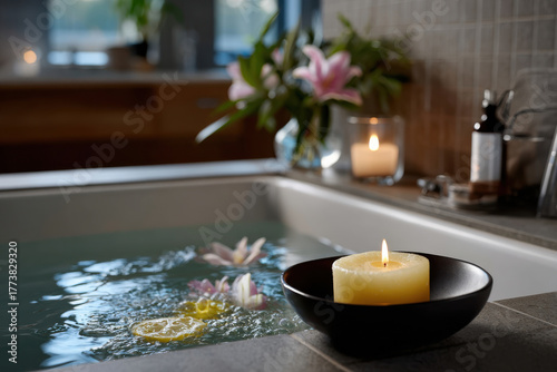 An elegant spa setting showcasing a tub with water lilies and herbs, a glowing candle, and lush plants that promote an inviting and peaceful ambiance for relaxation.