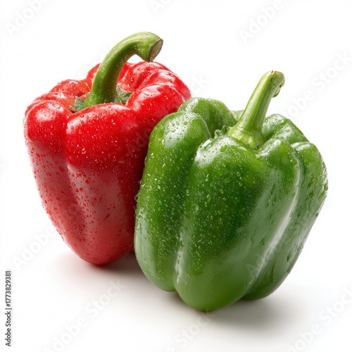 Fresh red and green bell peppers displayed side by side. Each pepper shows natural water droplets