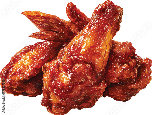 korean-style fried chicken wings, clip art for graphic design on a white background, watercolor, high resolution, high quality, detailed food texture
