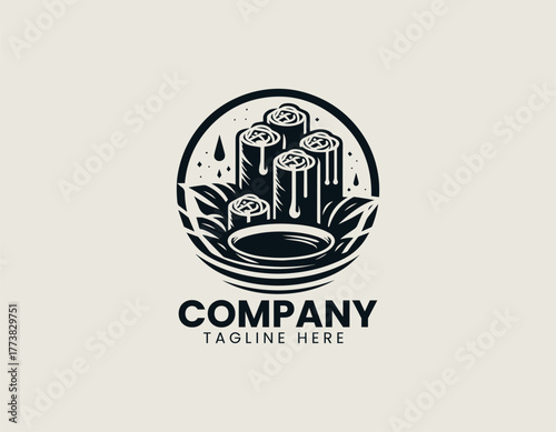 Traditional Asian Spring Rolls Dish Artistically Arranged in a Bowl with Dipping Sauce and Chopsticks Vector Logo Illustration