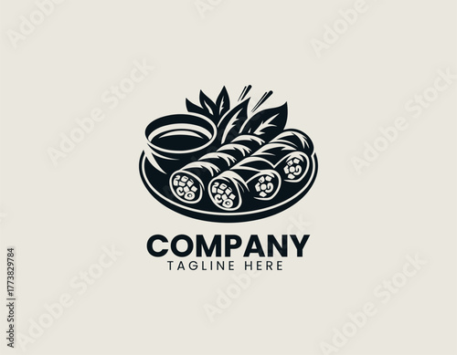 Traditional Asian Spring Rolls Dish Artistically Arranged in a Bowl with Dipping Sauce and Chopsticks Vector Logo Illustration