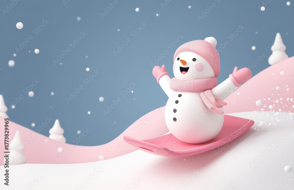 Fototapeta premium Snowman sledding down pink snowy hill winter holiday
