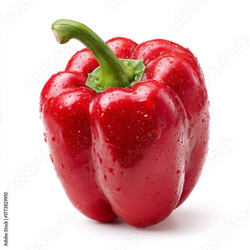 A close-up view of a vibrant red bell pepper, capturing its freshness and natural beauty. The bell pepper showcases a glossy, textured surface