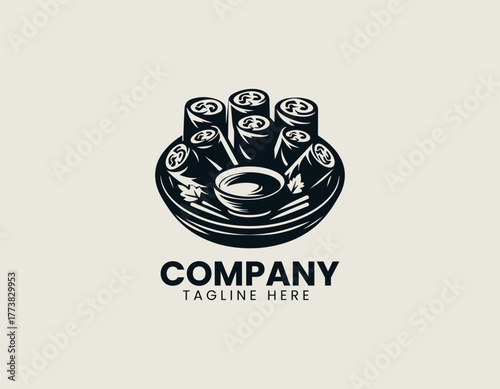 Traditional Asian Spring Rolls Dish Artistically Arranged in a Bowl with Dipping Sauce and Chopsticks Vector Logo Illustration